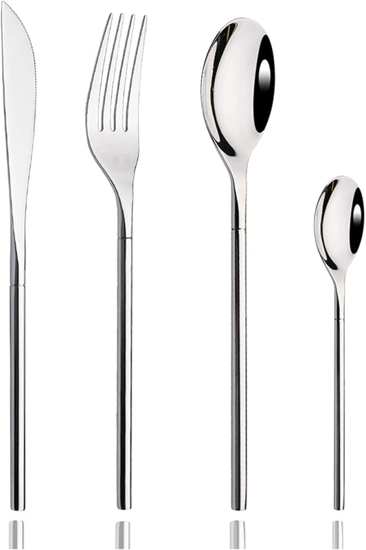 JASHII 304 Flatware Set Silver Silverware Set Mirror Polished 18/8 Stainless Steel Cutlery Set with Round Handle 24 Piece Wedding Housewarming Gift Service for 6