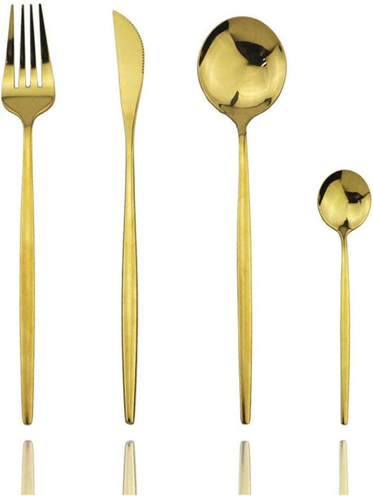 JASHII 4 Pieces 304 Stainless Steel Home Kitchen Cutlery Set Gold Flatware Set Mirror Polished Knife Fork Set Spoon Modern Tableware Set (Gold Full)