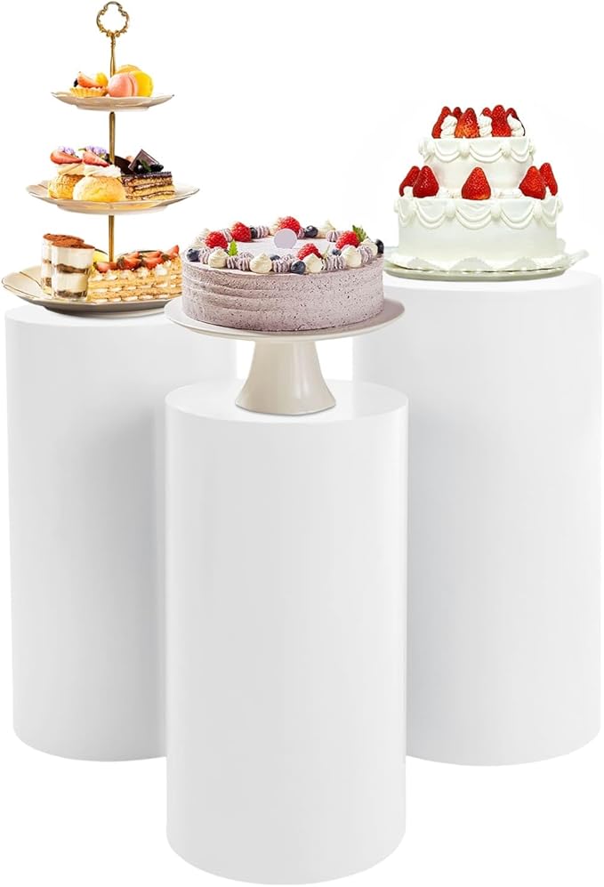 Flower Cylindrical Display Stands 3Pcs Cylinder Cake Pedestal Stands White Round Table Display Rack for Wedding Birthday Party