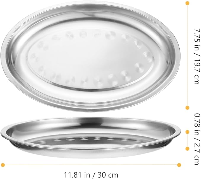 Cabilock 11.8 Inch Stainless Steel Oval Steamer Plate for Fish Cooking - Thickened Metal Serving Tray for Seafood Meat Dessert Fruit - Oven Safe Steaming Dish