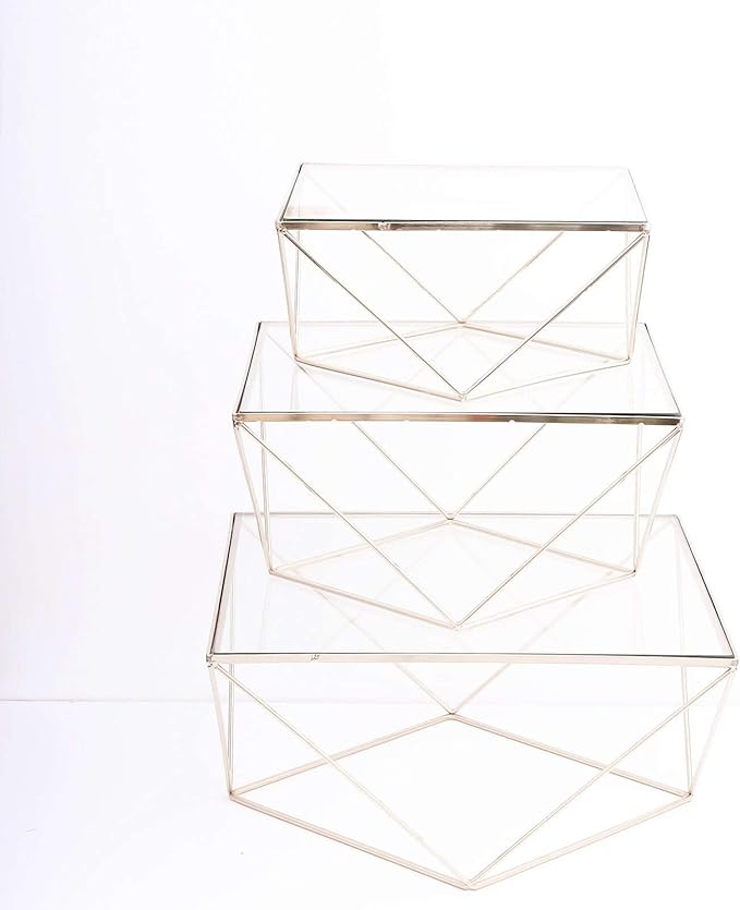 Efavormart Set of 3 Metal Geometric Cake Stand Gold Cake Riser with Glass Top Glossy Metallic Finish for Dessert Cupcake Pastry Candy Display Plate Event, Birthday Party