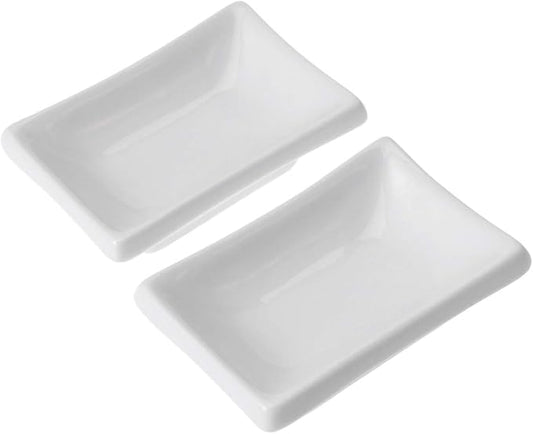 Cabilock Round Tray 2Pcs 3Inch Sauce Dishes Ceramic Appetizer Serving Tray Rectangular Seasoning Dishes Snack Dipping Bowls for Soy Sauce Dish (White) Snack