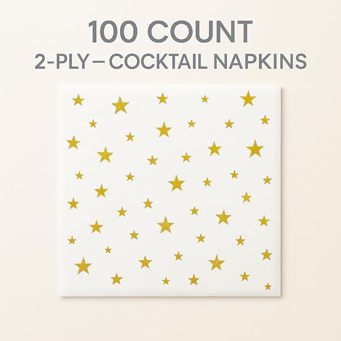 100 Pack White Cocktail Napkins with Gold Stars – 3-Ply Fancy Disposable Party Napkins 5x5 Inches for Weddings, Birthdays, Holidays, Baby Showers & Events – Elegant Gold Foil desgin by Hydro Energy
