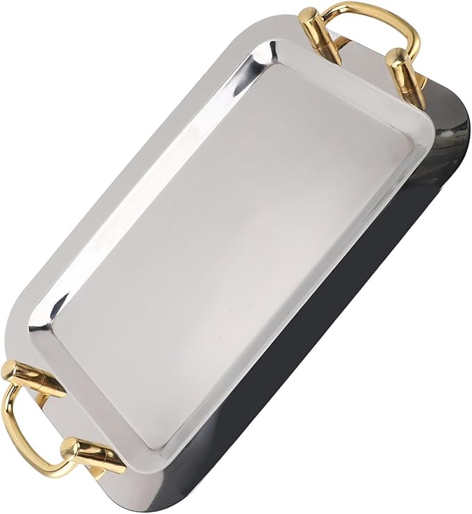 Stainless Steel Serving Plate, Elegant Mirror Finish Serving Tray Reusable Unbreakable Modern Kitchen Plates Golden with Handle for Hotel Restaurant Banquet (Rectangular (Length 18.7in))