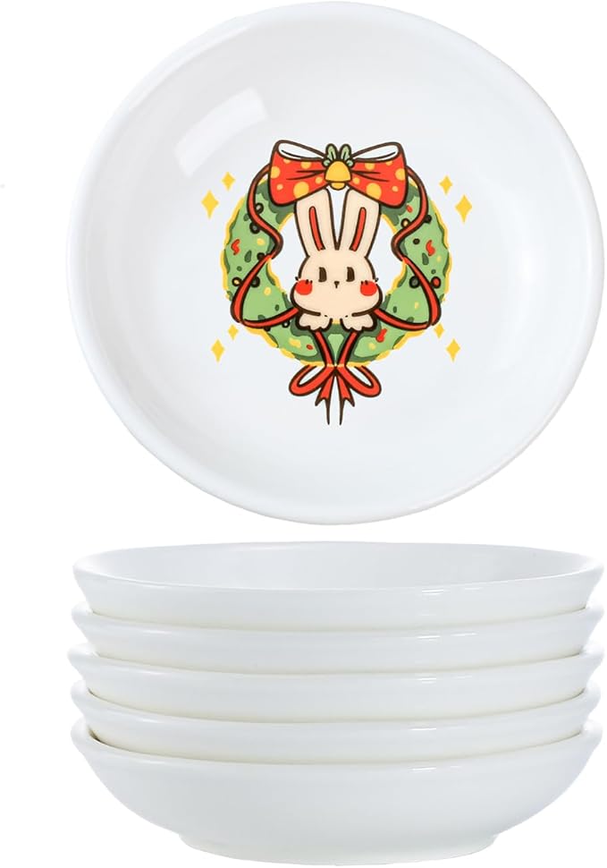 SOCOSY Cute Cartoon Christmas Rabbits Ceramic Sauce Dishes, Seasoning Dishes, Little Cat Dog Bird Feeding Bowls, Sushi Soy Dipping Bowls, Appetizer Plates, Dessert Plates-Rabbits-3.5 Inch, Set of 6