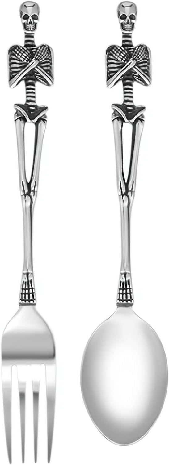 Stainless Steel Skeleton Forks and Spoons Goth Silverware Set Flatware Tableware Design Modern Look Great Gifts for Halloween Easter and Christmas (Fork and Spoon)