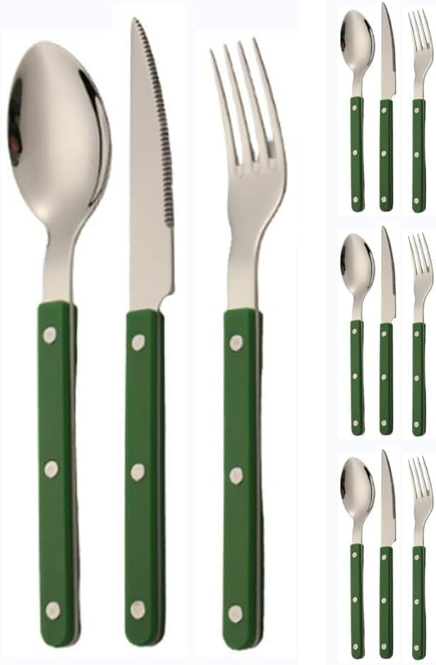 ABS Rivet Handle Marble Pattern Handle Kitchen Stainless Steel Silverware Tableware Flatware Cutlery Knives Forks Spoons Set,Butter Knife Dessert Spoon Fork (Green,12 pieces)