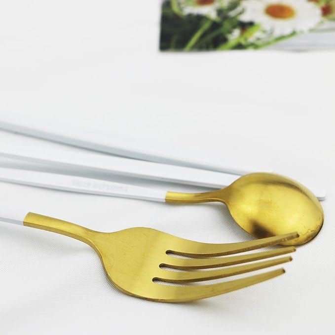 JASHII Matte Silverware Set, 24-Piece Stainless Steel Flatware Cutlery Set for 6, Ideal for Home Wedding Festival Party, Dishwasher Safe (White Handle Gold)