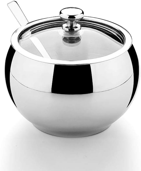 Stainless Steel Sugar Bowl with Lid and Spoon, Polished Shiny Condiment Pots for Serving Sugar Pepper Salt Spice- 330ml/ 11.6 Oz