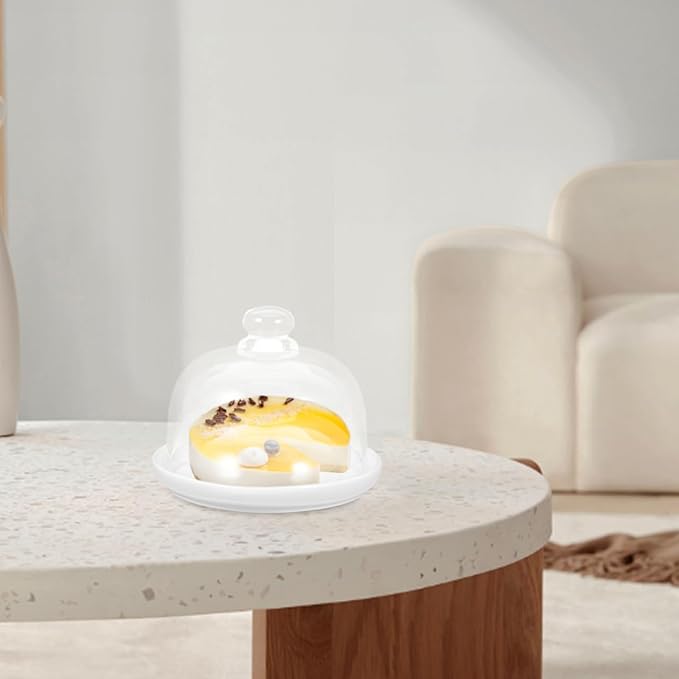 DOITOOL Ceramic Cake Stand with Glass Dome Cover White Ceramic Cake Plate Server Round Clear Glass Dome Dessert Plate for Home Kitchen Party Use, 5.9 x5.9 x 4.7 inches