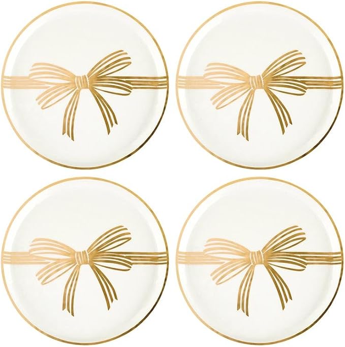 Santa Barbara Design Studio 4-Piece Christmas Appetizer Plate Set White Ceramic Small Plates, 5.25" Diameter, Gold Metallic Bow