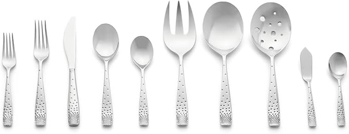 nambe Dazzle 45-Piece Flatware Set Service for 8 Plus Butter Knife, Sugar Spoon and 3 Piece Hostess Set, 18/10 Mirror Stainless Steel Silverware Cutlery Set, Dishwasher Safe
