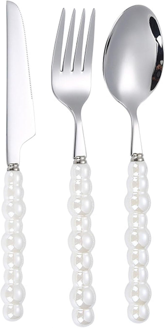 Silverware Set, Spoon and Fork Set Flatware Set Stainless Steel Cutlery Set with Ceramic Pearl Handles for Home Restaurant Hotel