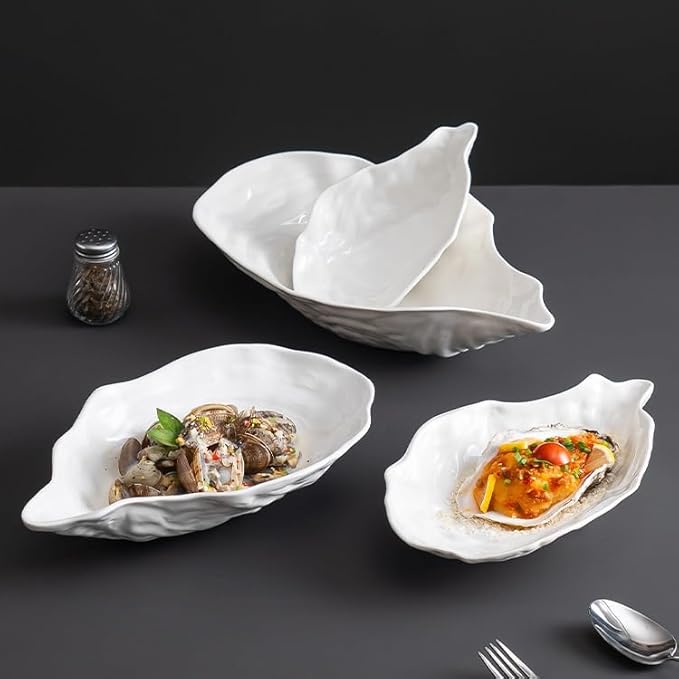 Kitchen Plates 7.5-inch Creative White Oyster Shell Ceramic Plate Household Appetizer Tableware Simple Western Restaurant Dish Commercial Restaurant Plates(9.5 in)