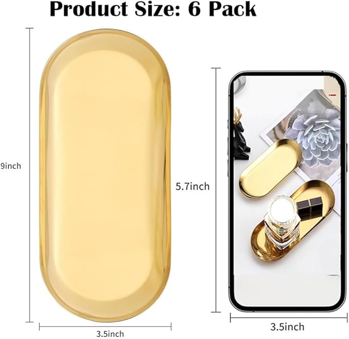 6PCS Stainless Steel Serving Tray Set Small Metal Trays Decorative Gold Platters for Serving Food Party 9" Long Plate Oval Storage Trays Thickened Serving Dishes for Entertaining Sushi Snack