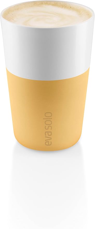 Eva Solo | 2 Cafe Latte Tumbler Mugs | 12 oz Porcelain Coffee Cup Tumblers with Silicone-coated Grip | Dishwasher Safe | Danish Design, Functionality & Quality | Golden Sand