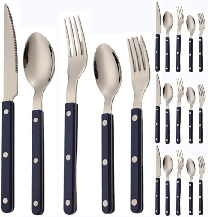 ABS Rivet Handle Marble Pattern Handle Kitchen Stainless Steel Silverware Tableware Flatware Cutlery Knives Forks Spoons Set,Butter Knife Dessert Spoon Fork (Blue,20 pieces)