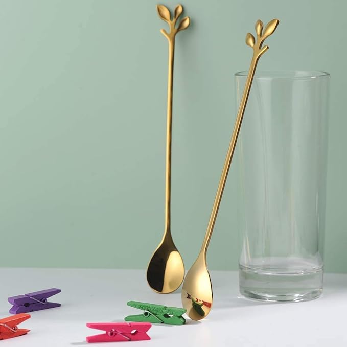 Long Handle Iced Tea Spoons Set of 12, Comicfs 7.6" Ice Cream Spoon, Creative Gold Leaf Cocktail Stirring Spoons, Premium Food Grade Stainless Steel, Mirror Finish & Dishwasher Safe (12 Pcs, Gold)