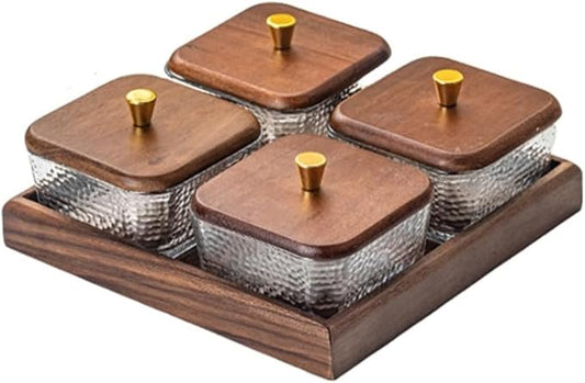 Premium Walnut Snack Tray with Lid, Glass Divided Fruit & Nut Bowl Set, Wooden Coffee Table Serving Tray for Candy, Dried Fruit, Desserts, Condiments, Charcuterie & Home Entertaining (4)