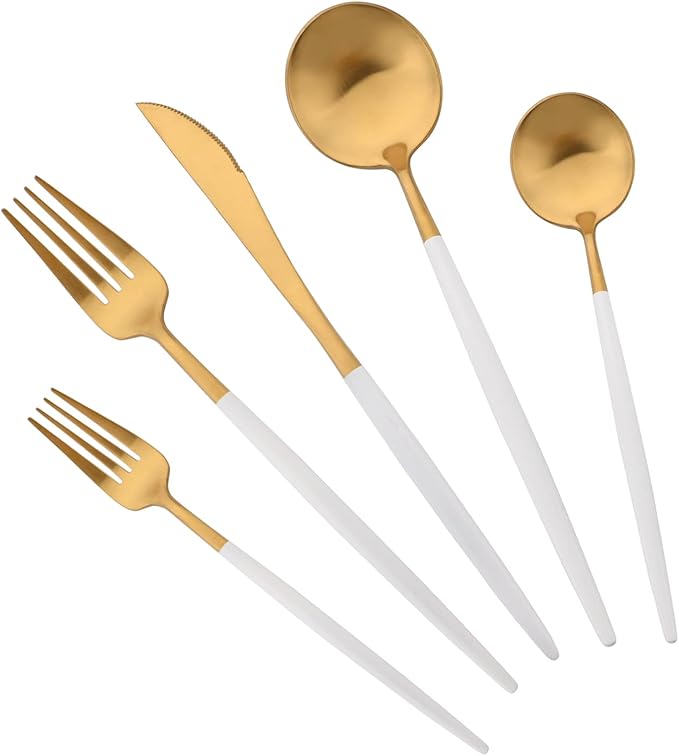 Flatware Set 18/10 Stainless Steel Matte White Handle Gold - Kitchen Utensil Serving Set of Dinner Fork Knife Spoons Salad Fork Dessert Spoon,5 Piece, Service for 1 (White + Gold)