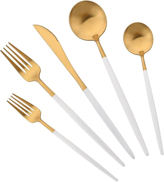 Flatware Set 18/10 Stainless Steel Matte White Handle Gold - Kitchen Utensil Serving Set of Dinner Fork Knife Spoons Salad Fork Dessert Spoon,5 Piece, Service for 1 (White + Gold)