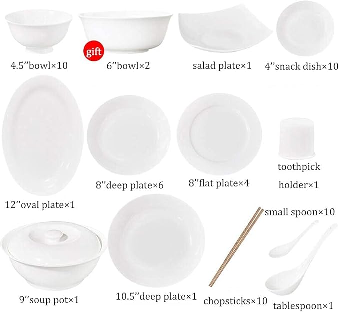 Ceramics Dinner Sets Plates/Bowls/Soup Pot | 56 Pieces Dinnerware Set White Microwave Tableware Safe - For Family Party Kitchen Restaurant