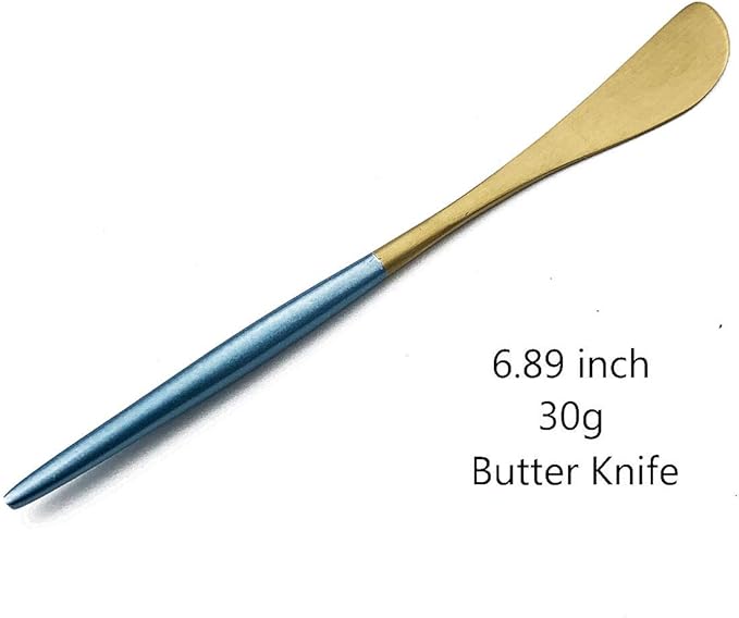 Gugrida Blue Handle Gold Flatware Set, Royal 5 Pieces Matte Blue Handle 18/10 Stainless Steel Butter Knife 6.8", Camping Cutlery Silverware Travel Utensils Set Tableware