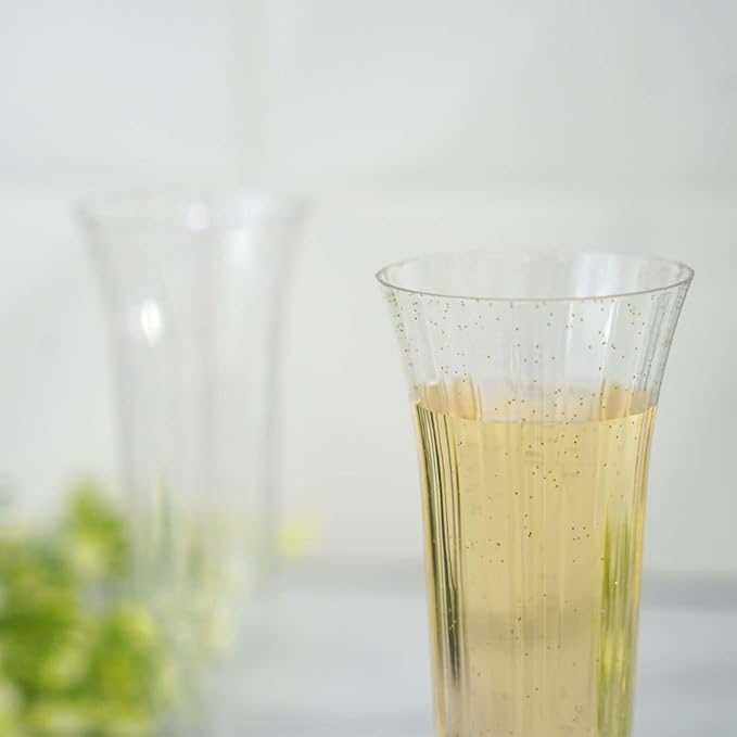 TCF Linen 12 Pack Clear with Gold Glitter Plastic Champagne Flutes, 6oz Flared Disposable Glasses Elegant Reusable Look Shatterproof Stemware for Weddings Parties Catering Toasts