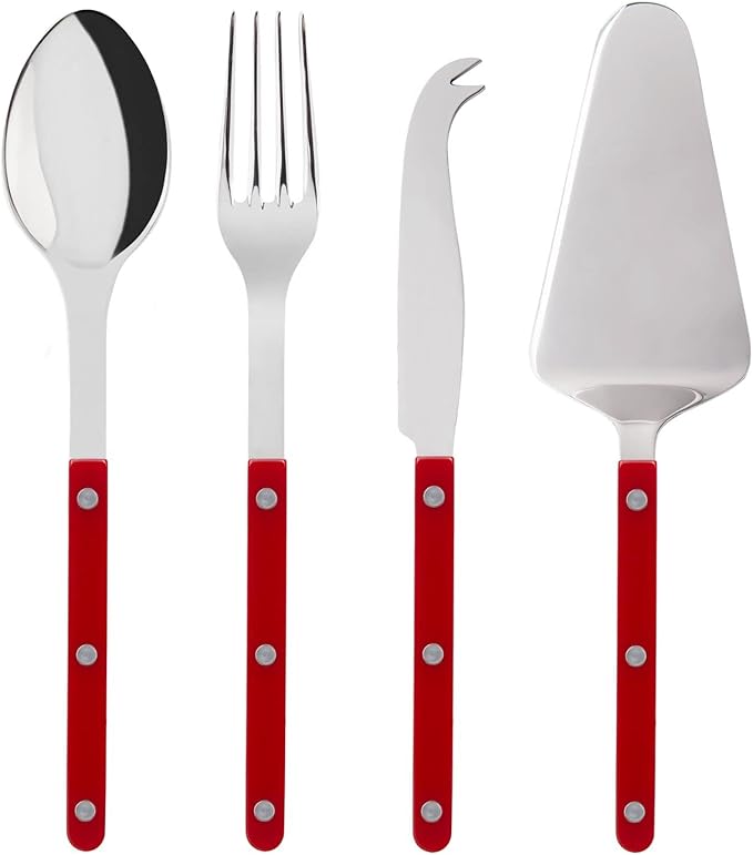 SABRE PARIS - 4-Piece Serving Set - Bistrot Collection - 2 Serving Flatware, Serrated Pie Server, Large Cheese Knife - Stainless Steel & Nylon - Dishwasher Safe - Burgundy - Brilliant Finish
