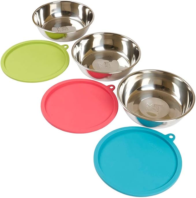 Messy Mutts 6-Piece Set | Three Stainless Steel Bowls and Three Colorful Silicone Lids | Sealable Travel Containers | Portable Food/Water Dishes for Pets | Extra-Large, 6 Cups