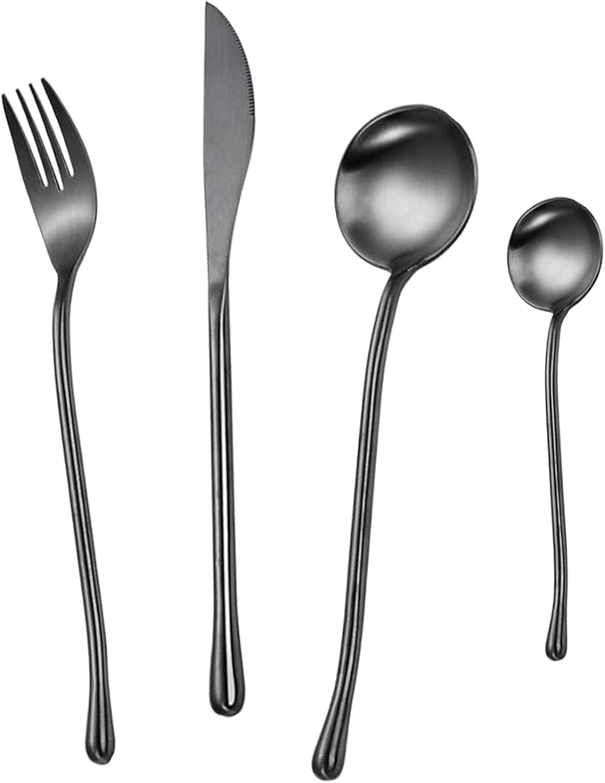 JASHII 304 Flatware Set Matte Black Silverware Set Satin Finished 18/8 Stainless Steel Cutlery Set with Round Handle 24 Piece Wedding Housewarming Gift Service for 6