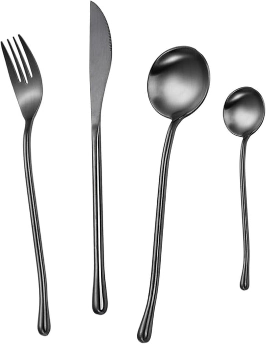 JASHII 304 Flatware Set Matte Black Silverware Set Satin Finished 18/8 Stainless Steel Cutlery Set with Round Handle 24 Piece Wedding Housewarming Gift Service for 6