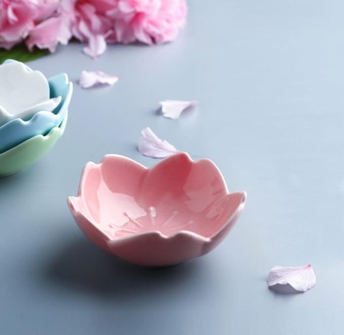 Sakura Flower Dessert Salad Snack Fruit Plates Ceramic Seasoning Dishes Small Sauce Dipping Bowls Appetizer Plates for Kitchen Home (Set of 4, Pink)