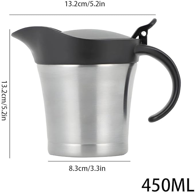 Stainless Steel Gravy Boat with Lid – 450ml Double Wall Insulated Sauce Jug for Gravy, Cream & Custard, Drip-Free Pour Spout for Thanksgiving, Home or Restaurant Use (Silvery)