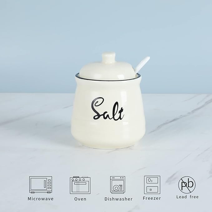 HAOTOP Farmhouse Porcelain Salt Bowl with Lid and Spoon 12oz,Easy to Clean (Beige)