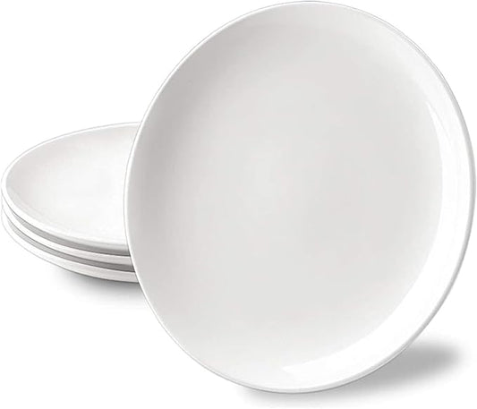 DELLING 10 inch White Dinner Plates Set, Porcelain Dessert/Salad Plate, Serving Dishes, Dinnerware Sets, Scratch Resistant, Lead-Free, Microwave, Oven, and Dishwasher Safe - Set of 4