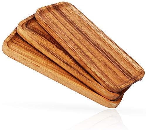 11.8 Inch Solid Wood Serving Platters and Trays Set of 3 Highly Durable Dishwasher Safe Rectangular Party Plates Avoid Sliding and Spilling Food with Easy Carry Grooved Handle Design