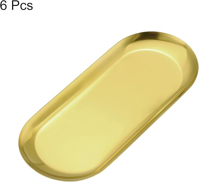uxcell 6pcs Stainless Steel Decorative Trays, Bathroom Trays, Makeup Cosmetic Trays, Small Serving Trays for Candles Dessert Tray(Gold, 9 x 3.5 Inch)