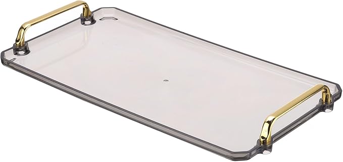 PATIKIL 16.1 x 8.7 Inches Plastic Serving Tray with Golden Handles, Reusable Tray Rectangular Party Platters for Dessert Coffee Tea Table, Living Room Kitchen Countertop, Gray