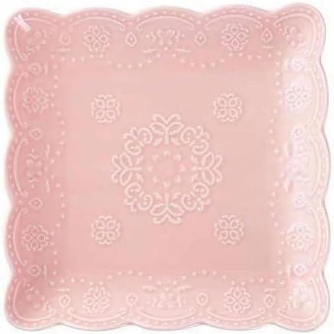 Eplze YBK Tech Elegant Square Embossed Lace Plate Bone China Dessert Plate Ceramic Plate for Breakfast Afternoon Tea (Pink, 10-inch)