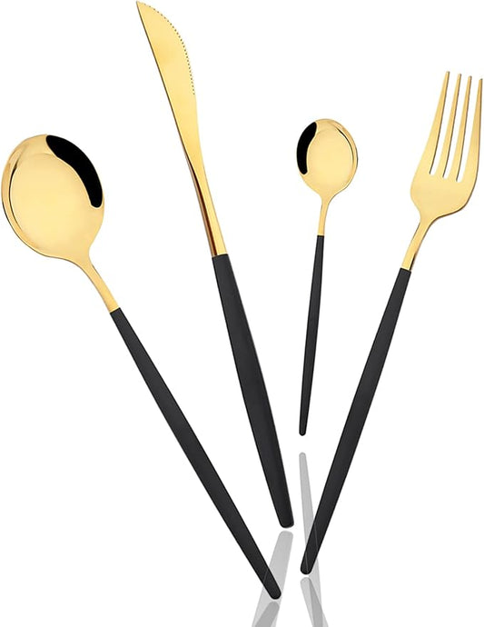 32 pcs Splicing Color handle Cutlery Set, Mirror Gold 18/0 Stainless Steel Flatware Set For 8, Metal Tableware Kitchen Utensils Include Dinner Knife/Fork/Spoon/Teaspoon, Black Gold