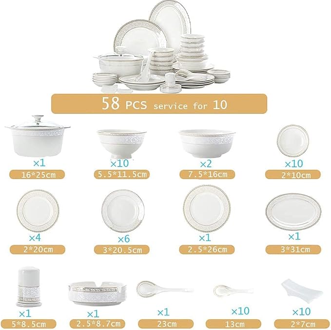 White Round Porcelain Dinnerware Set, Dishes/Plate/Bowl Set, Fine Bone China Dinnerware Sets Clearance, Collection Ceramic Kitchen and Dining Sets for Home,B56 Pcs Servic-58 Pcs Service for 10