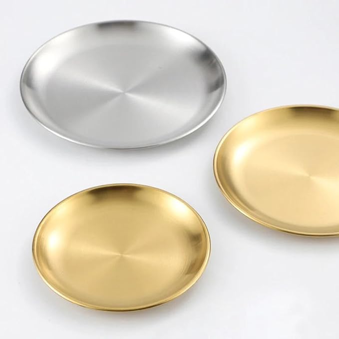 Stainless Round Serving Trays, Gold Decorative Storage Tray for Restaurant, Kitchen, Food, Coffee Table, 7.87×5.9×0.59in