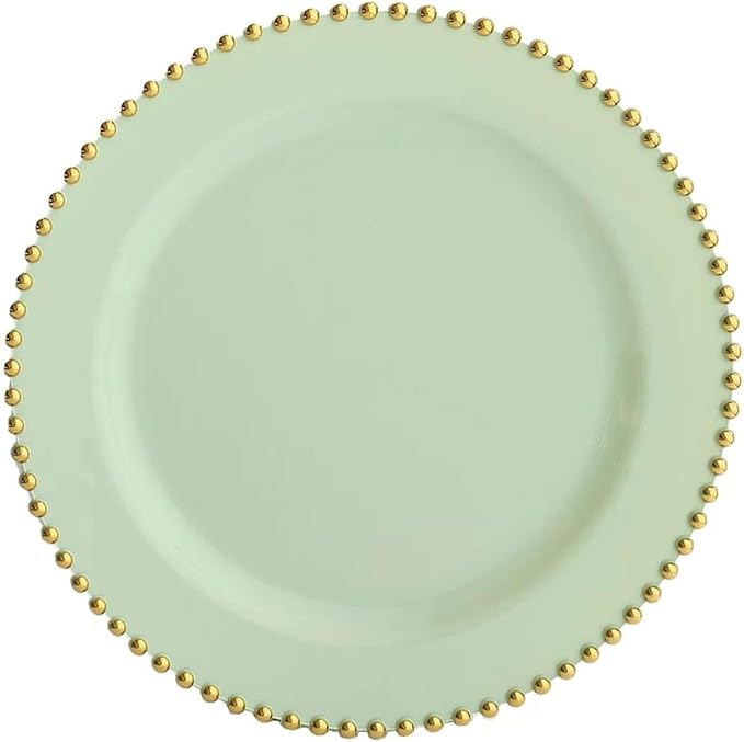 10" Dinner Plates - Set of 30 - Plastic Sage Green/Gold Round Disposable Plate Beaded Rim, Ideal for Decoration Party Wedding Bulk Events