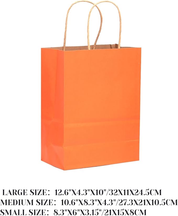 qiqee 100PCS Gift Bag with Handles Bulk Kraft Orange Paper Bags Assorted Sizes (33-Large, 33-Medium, 34-Small)