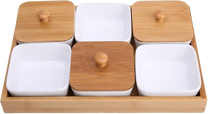 Ceramic Appetizer Serving Plate with Bamboo Tray, Ideal for Fruits, Nuts, Desserts, Modern Design(6 Compartment-9cm)