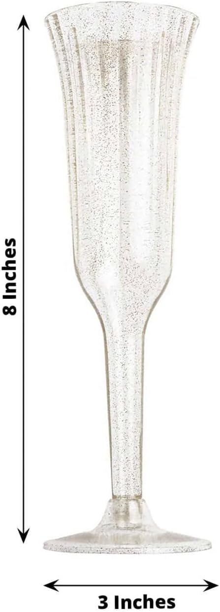 TCF Linen 12 Pack Clear with Gold Glitter Plastic Champagne Flutes, 6oz Flared Disposable Glasses Elegant Reusable Look Shatterproof Stemware for Weddings Parties Catering Toasts