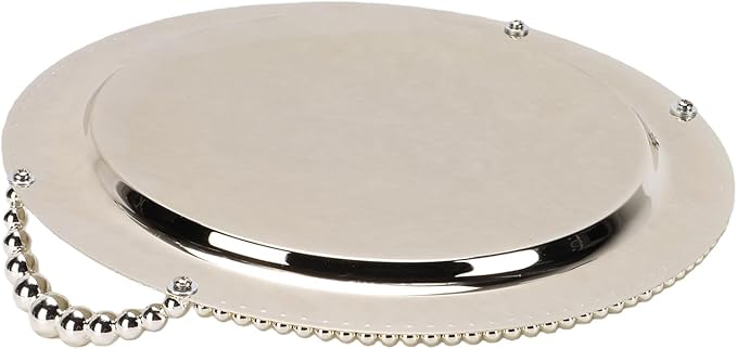 Bewinner Round Metal Serving Tray with Handles 31.5cm, Silver Stackable Platter for Fruits Desserts Snacks, Indoor Outdoor Use for Kitchen Living Room BBQ Party Decor