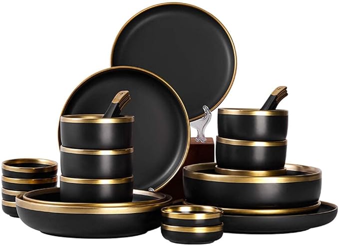 Nordic Style Tableware Set, Ceramic Plate And Bowl Set, Family Restaurant Tableware, 2/4/6 Person Tableware Set, Handmade Ceramic Utensils (Matte Black 9 pcs)