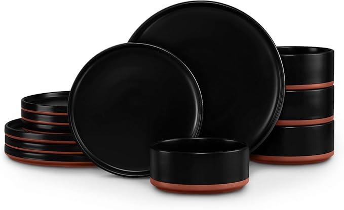 LIANYU 12 Pieces Porcelain Dinnerware Sets, Premium Plates and Bowls Set, High-Fired Ceramic Dishes Set for 4, Chip & Scratch Resistant, Microwave Dishwasher Safe, Charcoal Black